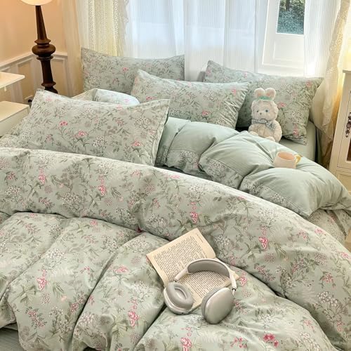 Green Floral Duvet Cover Full Size 100% Cotton,Rustic Cottagecore Duvet Cover with 2 Pillowcases,Soft Breathable Aesthetic Quilt Covers with Zipper Full Size 80"×90"