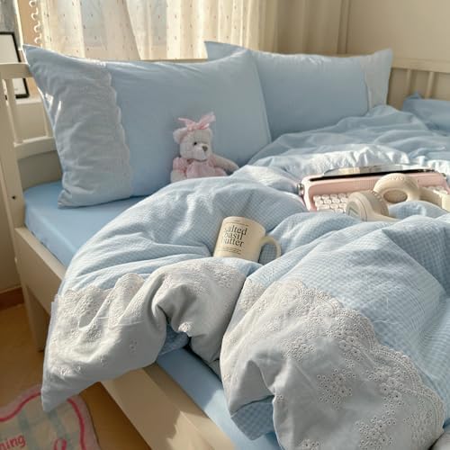 mixinni Blue White Gingham Duvet Cover Twin XL Size - 3 Piece Cottagecore Plaid Bedding Set with Lace Trim, Soft Washed Microfiber Vintage Aesthetic Grid Comforter Cover & Pillow Shams