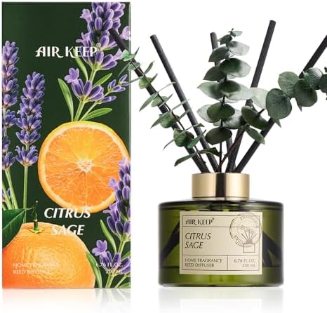 Airkeep Reed Diffuser Set with 6.76 fl oz Citrus&Sage Scent Essential Oils and 3 Leaves & 8 Diffuser Sticks,Bathroom Shelf Decor & Air Freshener, House Bedroom Office Decor & Gifts