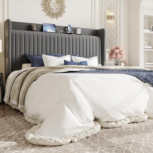 SHA CERLIN King Size Velvet Bed Frame with Shelf, Charging Station, Grey