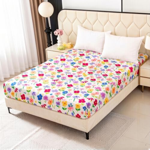 Bedding Fitted Sheet with Deep Pocket,Cute Colorful Pattern Printed Fabric Bed Sheets for Single Bed (Floral, Twin)