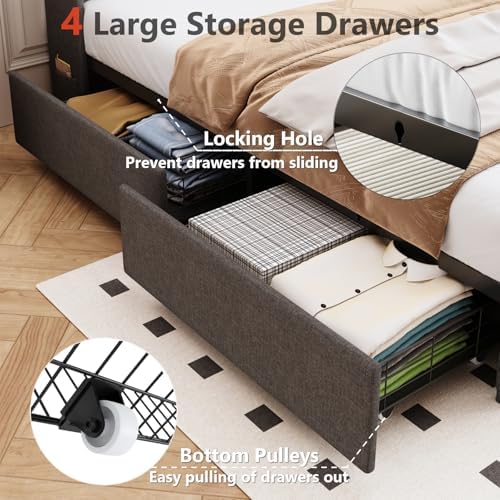 Full Bed Frame with 4 Drawers and Storage Headboard, Upholstered Platform Bed Frame Full Size with Led Lights and Handy Charging Station, No Box Spring Needed, Easy Assembly, Noise Free, Gray