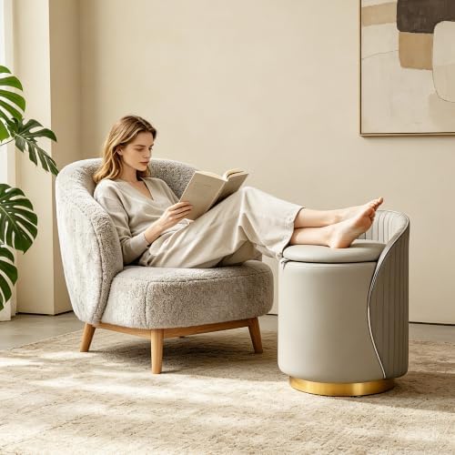 Vanity Chair with Storage, Leather Vanity Stool, 360° Swivel Makeup Chair with Back, No Assembly Upholstered Accent Chairs Stool for Bedroom, Dressing Room, Living Room, Grey