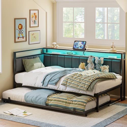 LIKIMIO Twin Daybed with Trundle, Charging Station & LED, Black