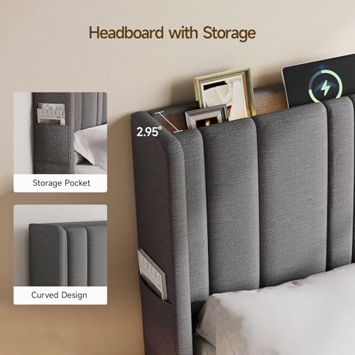 ONBRILL Queen Size Headboard with Storage, LED Light, Grey