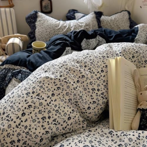 Vintage Floral Duvet Cover Twin Size 3 Pcs,Ruffled Bedding 68"×86"