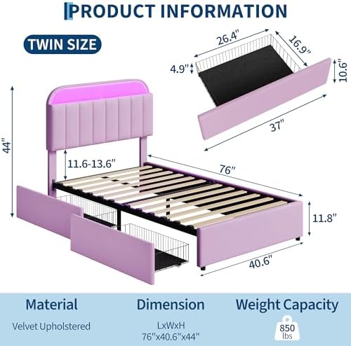 GarveeHome Twin Bed Frame, Platform Bed with Storage Headboard & Drawers