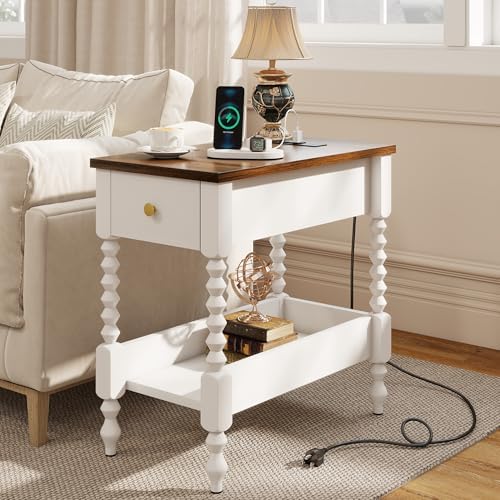 YOSHOOT Farmhouse End Table with Charging Station, Narrow Side Table