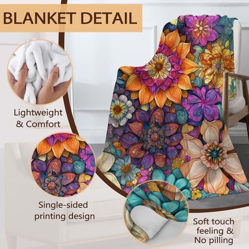 Vintage Floral Fall Throw Blanket,Ethic Flower Cozy Plush Fluffy Blanket for Living Room Decor,Lightweight Fleece Throws for Couch,Bed,Traveling,Naps,Reading,40 X 50 Inch