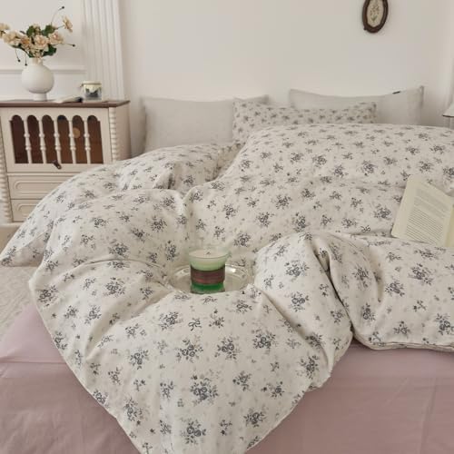 Muslin Cotton Duvet Cover Set King Floral Prints, Off-White