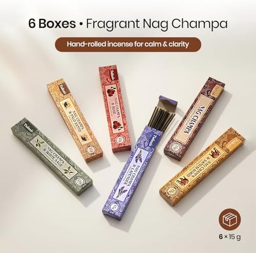 Tulasi Nag Champa Incense Sticks Gift Pack of 6, Hand Rolled Fragrance Incense Sticks for Aromatherapy, Relaxing, Yoga, Meditation, Prayer, Agarbatti Stick with Natural Oils, (15gm x 6)
