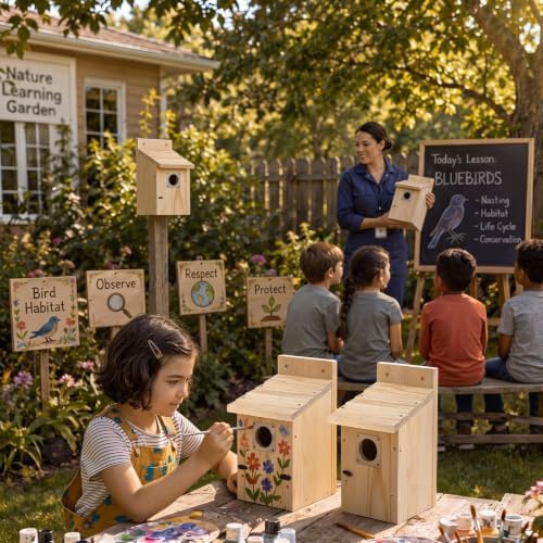 Dreyoo 4 Pack Bluebird Houses for Outside with Metal Predator Guard, 1-1/2" Entrance Hole Wooden Blue Bird Houses for Outdoors, Bluebird Nesting Box(Wood)