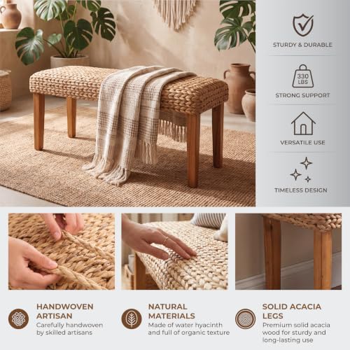 Solid Wood Acacia Indoor Bench, 47 Inch Water Hyacinth Seat, Fishbone Style