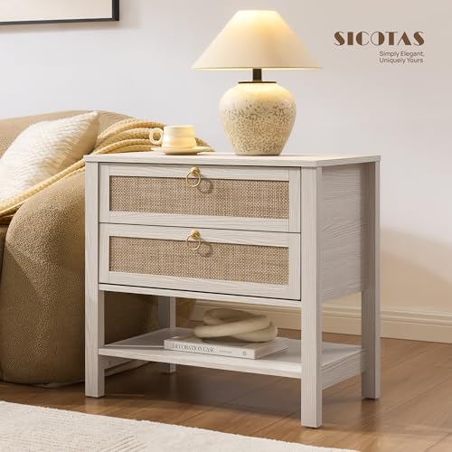 SICOTAS White Rattan Nightstand, Wide Bedside Table with 2 Drawers & Shelf