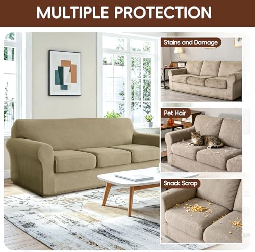 4 Pieces Stretch Couch Covers for 3 Cushion Sofa Cover Decorative Sofa Slipcover Non Slip Washable Thick Soft Elastic Furniture Protector for Pets,(Large, Sand)