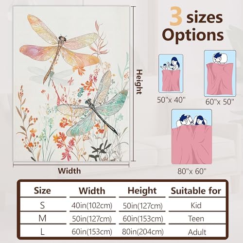 Fall Throw Blanket,Watercolor Dragonfly Throw Blanket for Couch Home Decor,Coloful Flowers Soft Plush Travel Blanket Lightweight,Cozy Throws for Couch,Bed,Naps,Reading60 X 80 Inch