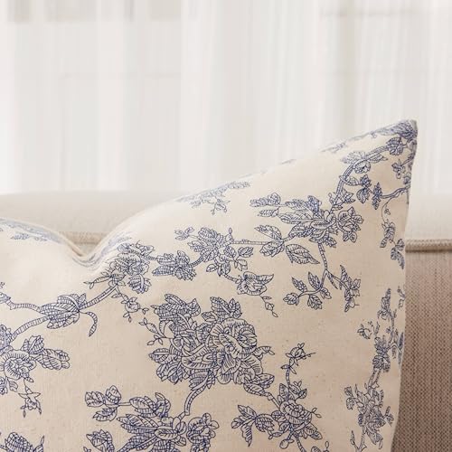 2 Pack French Floral Throw Pillow Covers 24x24in, Blue/Cream