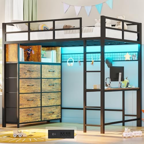 ADORNEVE Twin Size Loft Bed with Desk and 8 Storage Drawers, Rustic Brown