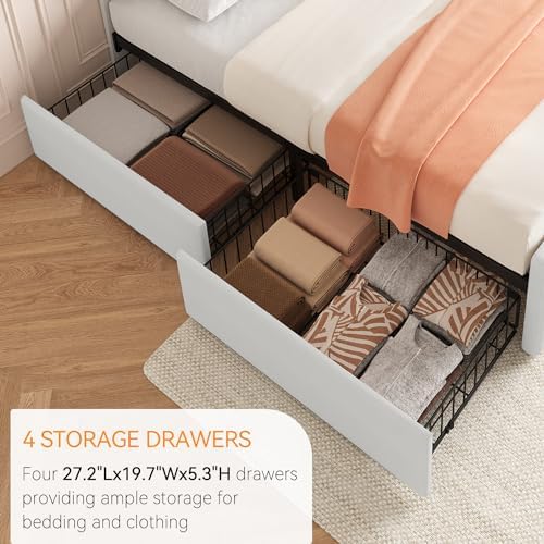 IDEALHOUSE Full Size Bed Frame with 4 Storage Drawers and Headboard, Beige