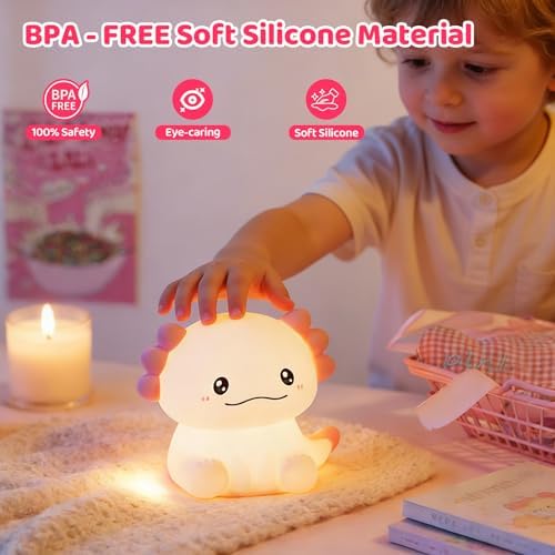 Axolotl LED Night Light, Silicone Touch Lamp for Bedroom with 7 Colors Timer and Dimmable 3-Level Squishy Warm Cute Night Lights, Rechargeable Animal Lamp for Bedroom Decor Birthday Gift