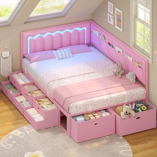 ADORNEVE Full Corner Bed Frame with 8 Storage Drawers and LED Lights, Pink