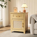 Decofy Rattan Nightstand with Charging Station, Modern End Tables with Storage and One Drawers, Outlets, USB Ports and Type-C Ports, Wood Nightstands for Bedroom, Dorm and Small Spaces Oak