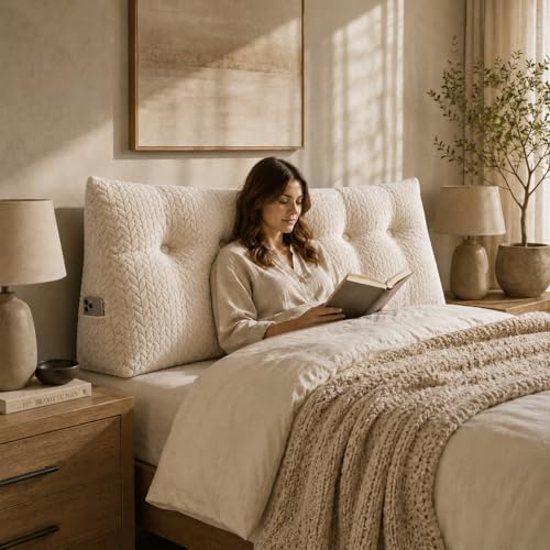 Headboard Pillow Queen Size, Reading Pillow for Bed, Leaf Pattern Wedge Pillow, Tufted Backrest Support, Headboard Substitute, Beige