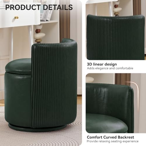 Faux Leather Vanity Chair with Storage, 360° Swivel Makeup Chair,Dark Green