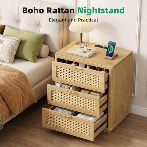 Kalrin 23" W Rattan Nightstand with 3 Drawers for Bedroom, Natural Oak