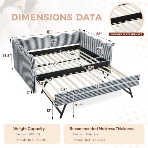 Full Size Daybed with Pop Up Trundle, Linen Gingham Full to King Daybed with USB Ports, Upholstered Day Bed Frame, Modern Sofa Bed for Bedroom/Living Room/Guest Room, No Box Spring Needed, Navy