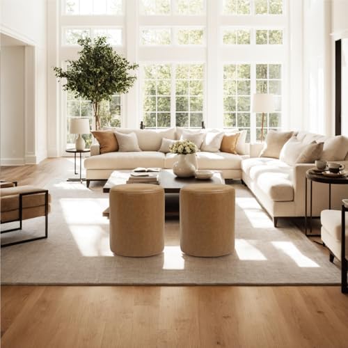 Get Set Style Modern Round Ottoman with Soft Padded Seat, Vanity Stool for Makeup, Upholstered Foot Stool for Living Room, Bedroom