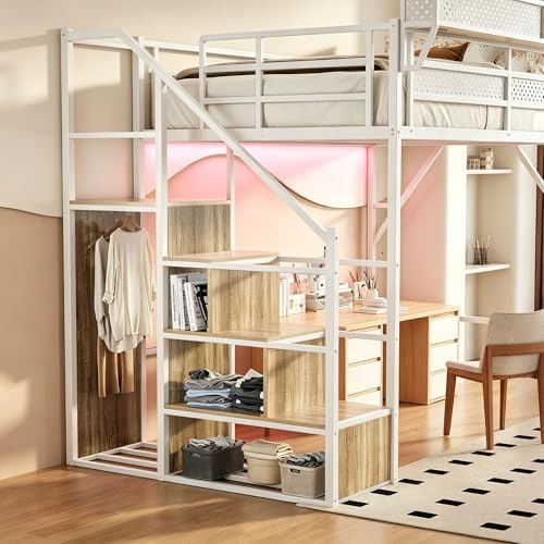 Queen Size Metal Loft Bed with Reversible Stairs and LED & USB Port