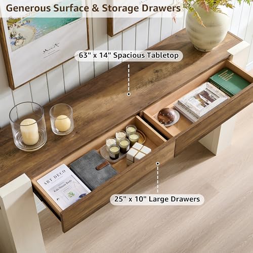 OKD 63" Console Table with Drawers, Thick Block Entryway Table, White