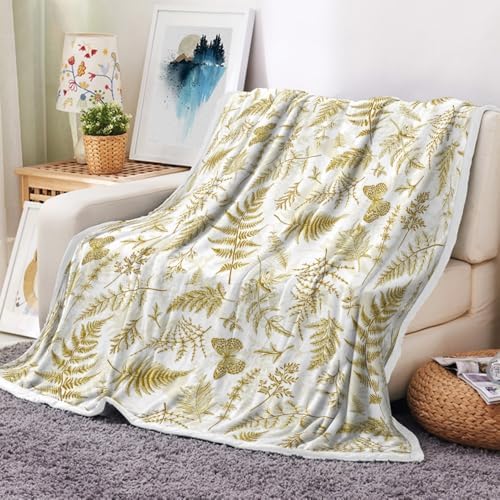 JAWO Floral Throw Blanket, Gold White Flower Throws Wildflowers Botanical Plant Printed All Seasons, Vintage Yellow Butterfly Flannel Blanket for Bedding Sofa Travel Couch Chair Sofa Home Decor,50x60
