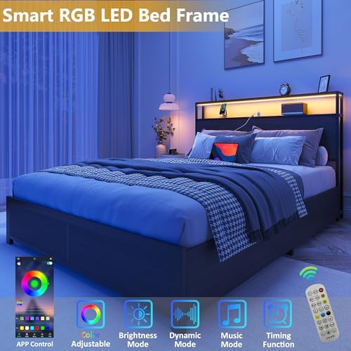 Lifezone Full Bed Frame with 2-Tier Storage Headboard, Metal Platform Bed Frame with 4 Storage Drawers, Built in Charging Station & LED, Noise-Free/Metal Support/No Box Spring Needed, Rustic Grey