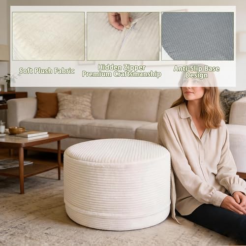 Thgonwid Round Ottoman Pouf, Corduroy Foot Rest Stool, 20x14In, Ivory White