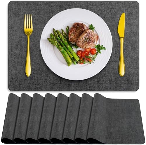 Faux Leather Placemats Set of 8, Wipeable Table Mats, Dark Grey