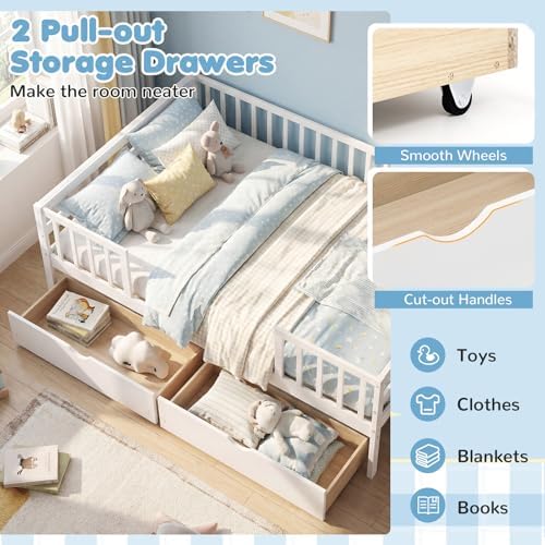 KOMFOTT Full Bed Frame with Rails, Wood Daybed with Side Shelf & 2 Storage Drawers, Platform Bed with Guardrail & Wooden Slat Support for Kids Teens, No Box Spring Needed (Full,White)