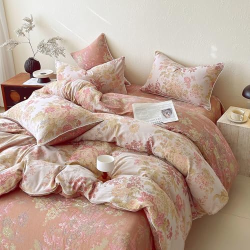 HighBuy Luxury Muslin Duvet Cover King with Pink Floral,Soft Muslin Cotton Floral Bedding Set for Women,Chic Farmhouse Gauze Textured Comforter Cover Set,1 Duvet Cover and 2 Pillowcase