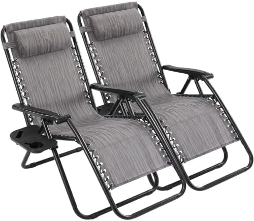 Sweetcrispy Zero Gravity Chairs, Set of 2 Portable Recliner Beach Camping Patio Outdoor Folding Lounge Chair with Cup Holder Trays and Adjustable Pillow for Poolside, Garden, Backyard, Lawn, Grey