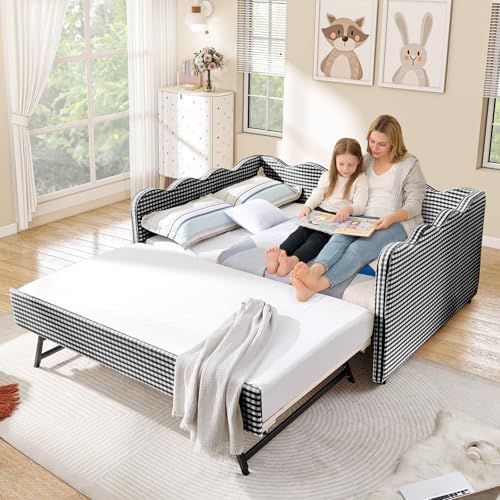 Full Size Daybed with Pop Up Trundle, Linen Gingham Full to King Daybed with USB Ports, Upholstered Day Bed Frame, Modern Sofa Bed for Living Room/Bedroom/Guest Room, No Box Spring Needed, Black