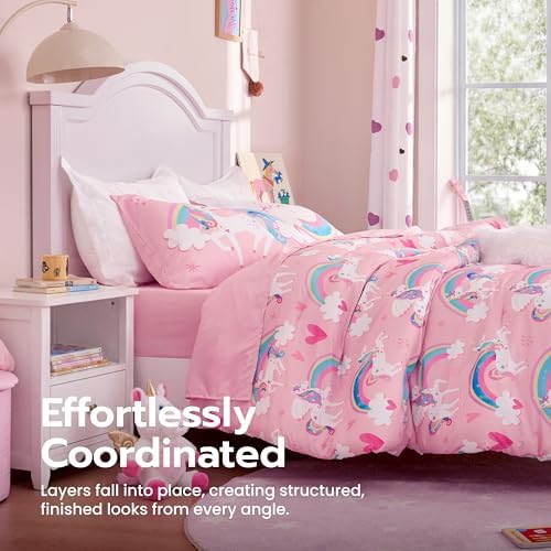 Joiedomi Kids Comforter Set Bedding Set for Boys Girls Super Soft Microfiber Bed in a Bag with Comforter Sheets Pillowcase Sham, Pink Unicorn Rainbow, Twin