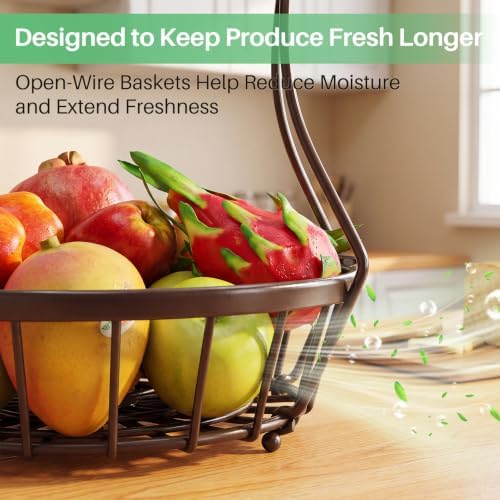 SAYZH 2-Tier Large Fruit Basket Bowl for Kitchen Counter with Banana Hanger