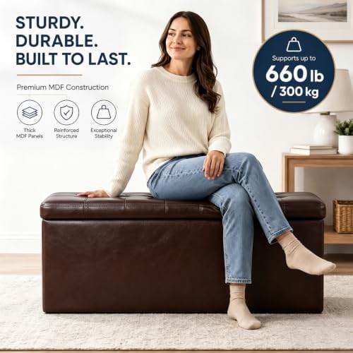 ALASDO 43 Inch Folding Storage Ottoman Bench with Hidden Storage, PU Leather Ottoman Foot Rest Stool, End of Bed Bench for Bedroom, Living Room, Entryway and Closet, Brown
