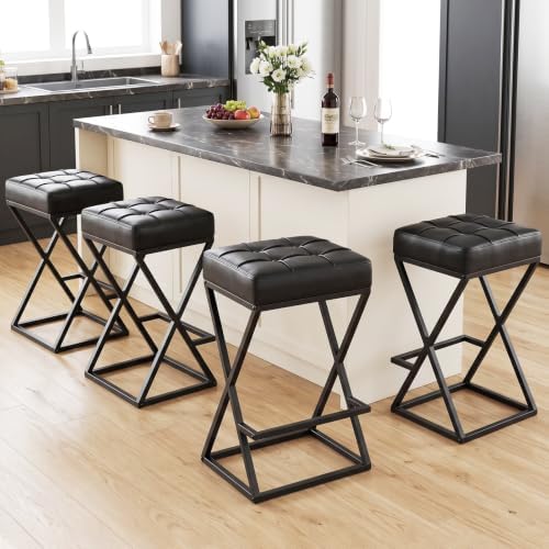 Bar Stools Set of 4, 26 Inch Counter Height Stool Faux Leather Black