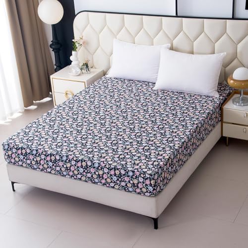Bedding Fitted Sheet with Deep Pocket,Colorful Floral Printed Fabric Bed Sheets(Black Flower,Queen)
