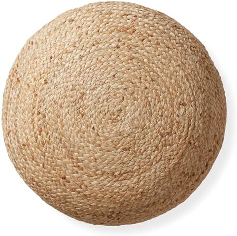 Casafield Hand-Braided Jute Pouf Ottoman Footrest, 19" W x 19" D x 10-1/2" H - Round, Natural Woven Boho Floor Cushion, Home Decor for Living Room