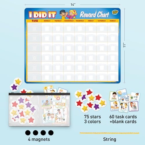 Kids Responsibility Chart Board with Magnets, 63 Chores, Potty Train Tasks, Multiple Children (Pocket)