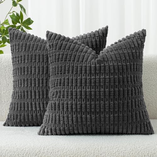 MIULEE Pack of 2 Corduroy Decorative Throw Pillow Covers 24x24 Inch Soft Boho Striped Pillow Covers Modern Farmhouse Home Decor for Sofa Living Room Couch Bed Dark Grey