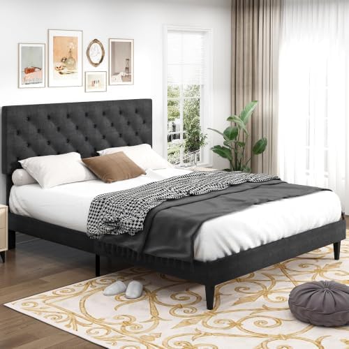 Lullabyre Queen Bed Frame with Headboard, Upholstered Platform Bed, Grey